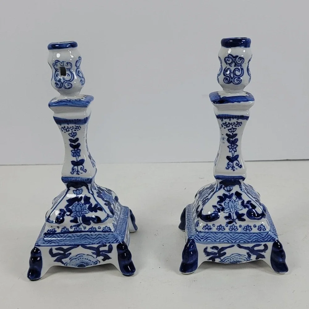Blue White Porcelain Candlestick holders Continental Pair Chinoiserie Floral 8In